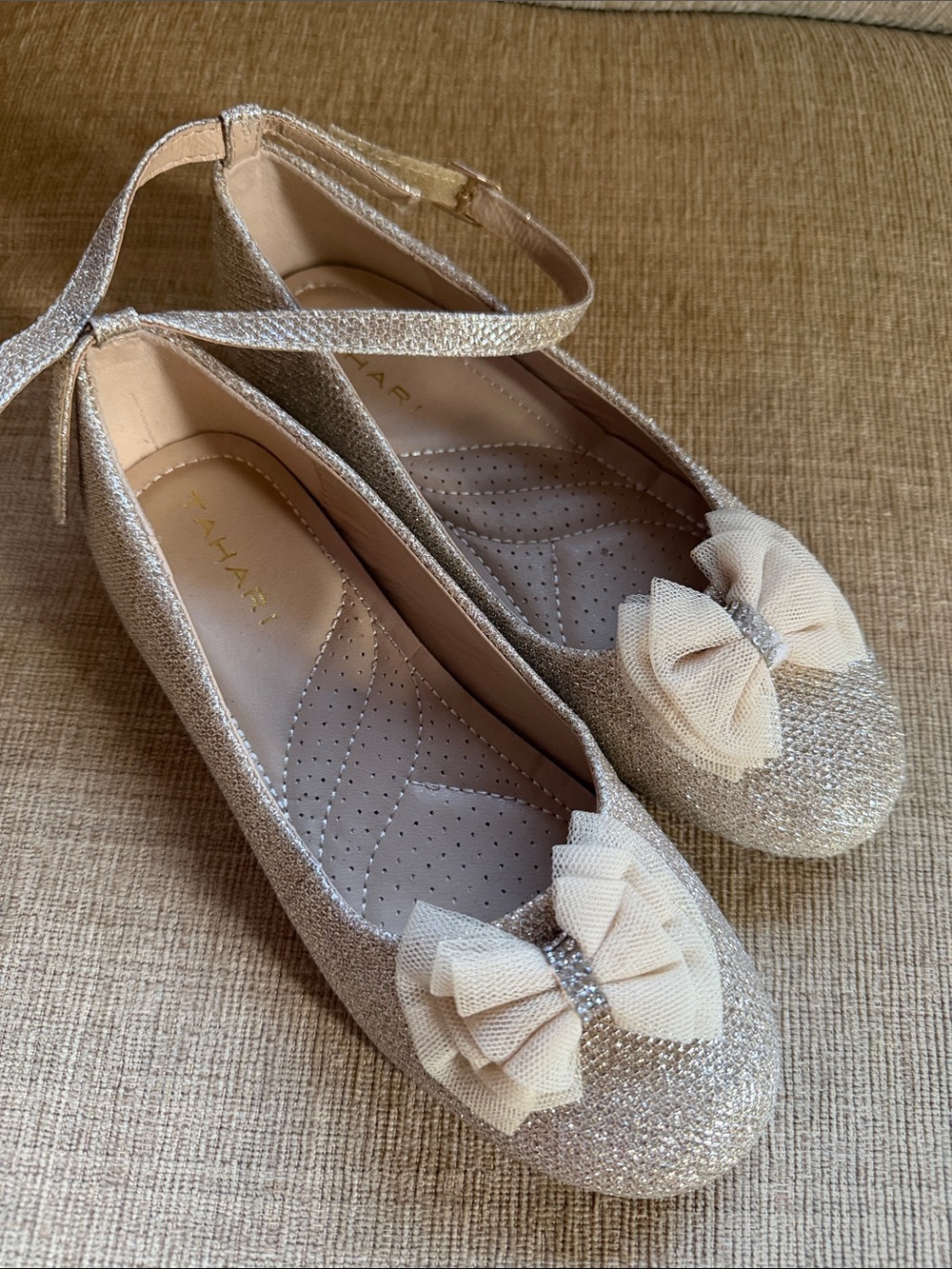 Tahari Glitter Bow Ankle-Strap Flats in Champagne